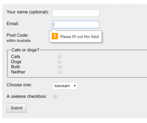The form with an error message showing only on the email input, even though 4 of the 6 questions haven't been answered.