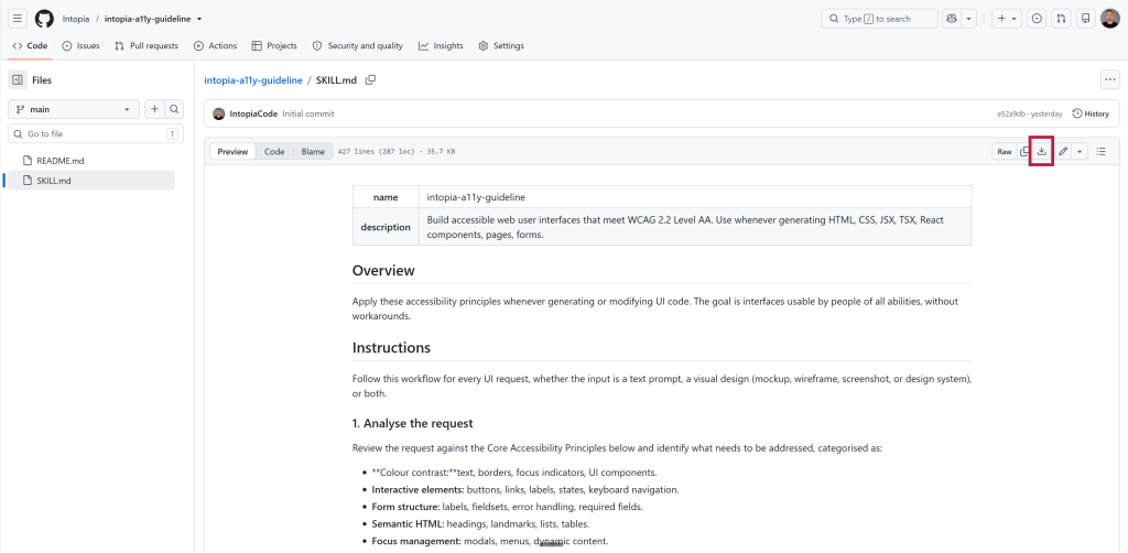 A screenshot showing how to download the raw skill file from github.