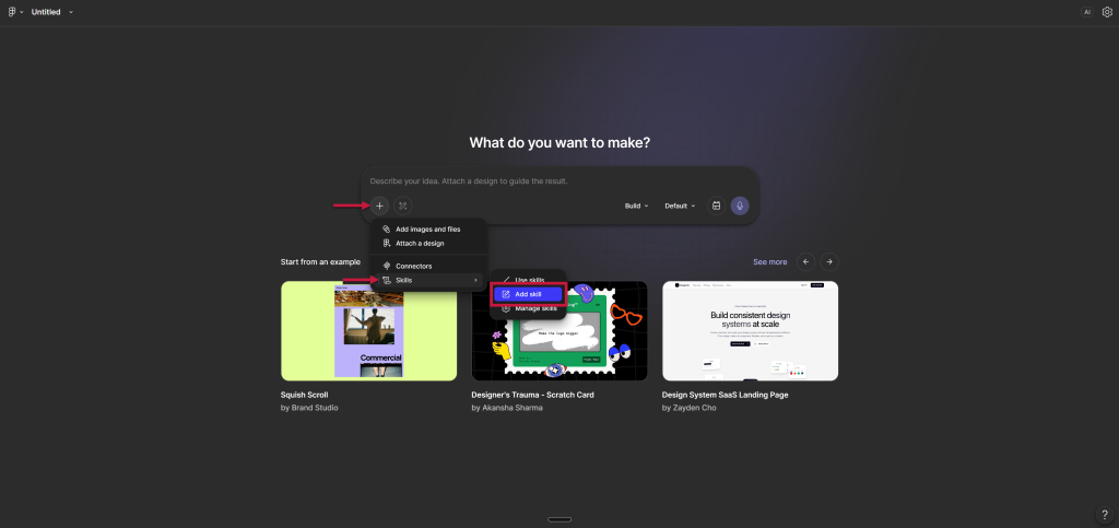 A screenshot showing how to add a skill to Figma Make