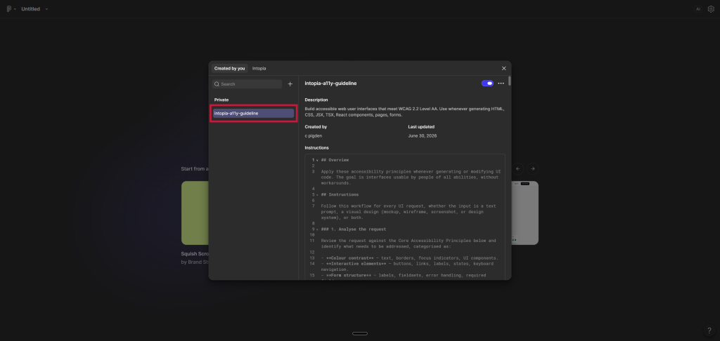 A screenshot showing the Manage skills modal in Figma Make