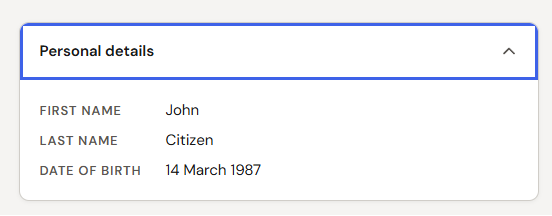 Image with title 'Personal details' at top and 'up' arrow demonstrating where the accessible name 'Collapse personal details' would go. Underneath the image we see the expanded personal details: First name John Last Name Citizen Date of Birth 14 March 1987