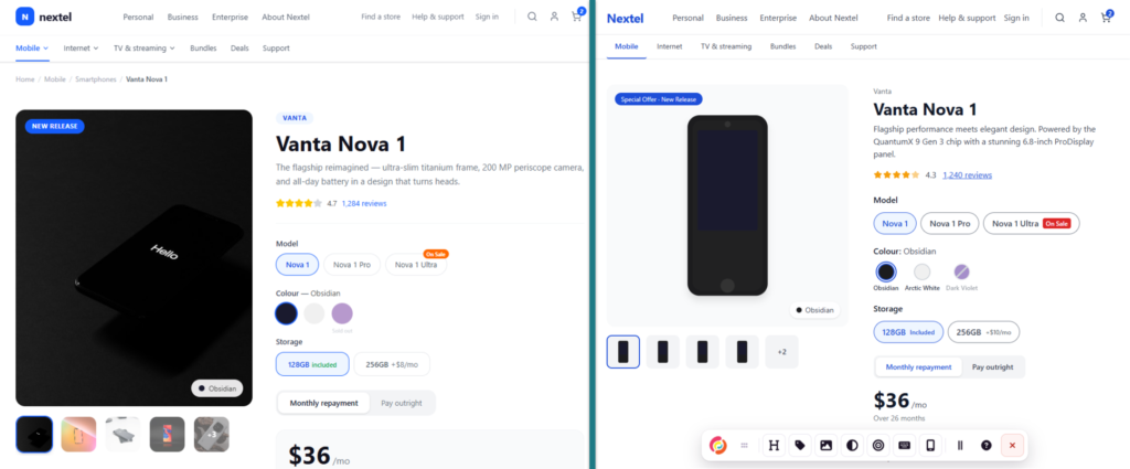 "Vanta Nova 1" product page prototypes, a mobile phone product page with options to select model and colour, a carousel of images and price information. The left shows the prototype without the skill, the right with the skill with the testing toolbar visible.