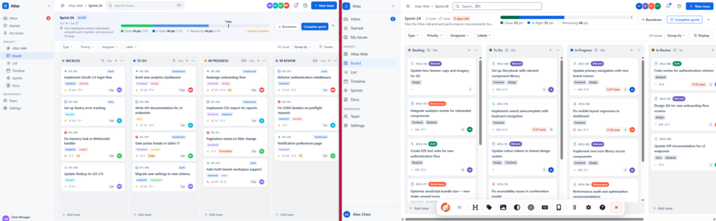 "Atlas" kanban board prototype, a kandban tool with columns of tickets with sprint information and filters. The left shows the prototype without the skill, the right with the skill with the testing toolbar visible.